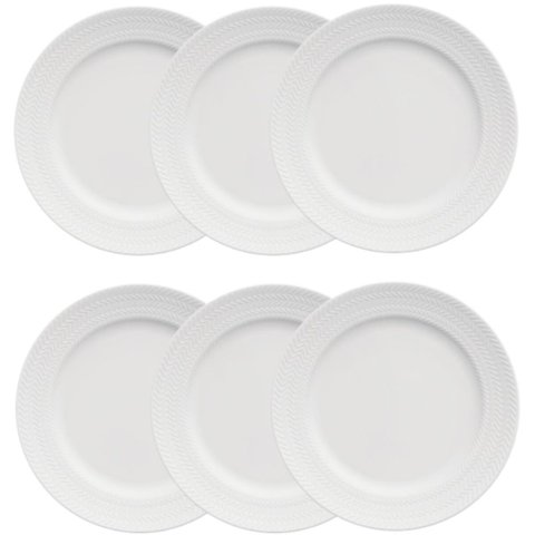 Jogo de 6 Pratos Rasos Porcelana 26,5cm Germer Relevo Chevron Branco Redondo Mesa Posta