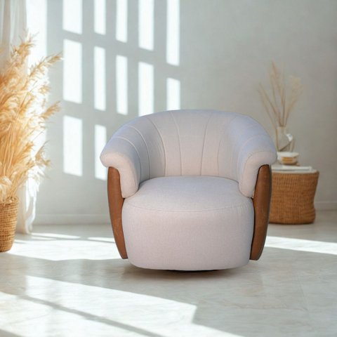 Poltrona Viena 86cm Giratoria Linho Bege Corino Terracota Premiun para Sala