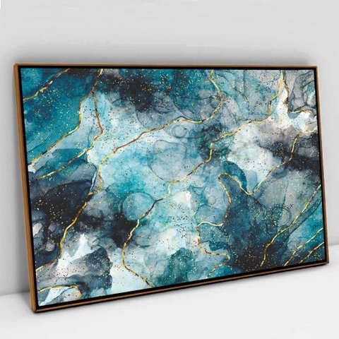 Quadro Decorativo em Canvas Abstrato Mármore Azul TACOLADO PAPEL DE PAREDE Moldura Flutuante 4,5cm F