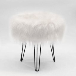 Puff Banqueta Decorativo Redondo Pés de Ferro Preto Pelo Alto Branco - 1