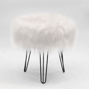 Puff Banqueta Decorativo Redondo Pés de Ferro Preto Pelo Alto Branco