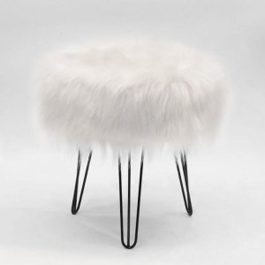 Puff Banqueta Decorativo Redondo Pés Aramado Pelo Alto Branco
