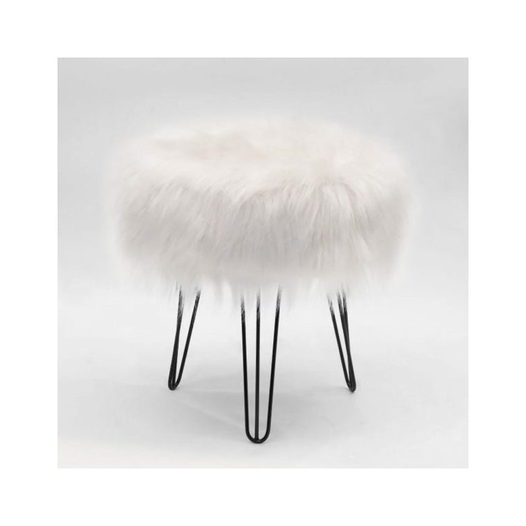 Puff Banqueta Decorativo Redondo Pés Aramado Pelo Alto Branco