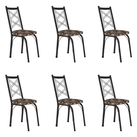 Kit 6 Cadeiras de Cozinha Delaware Estampado Mosaico Palha Pés de Ferro Preto - Pallazio
