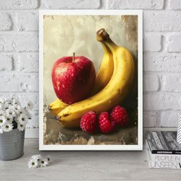 Quadro para Cozinha Arte Maçã e Banana 24x18cm - com Vidro:moldura Preta - 1