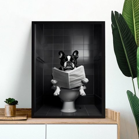 Quadro Preto e Branco Banheiro - Bulldog 24x18cm - com Vidro:moldura Branca