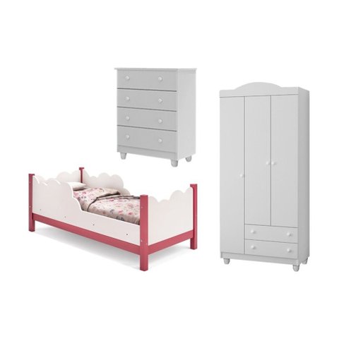 Quarto Nuvem Branco Rosa com Cômoda e Guarda Roupa Lara Menina Completo Organizado Prático