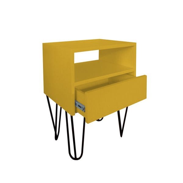 Mesa de Cabeceira Lateral Nicho com Gaveteiro Pés Hairpin Legs Estilo Industrial Amarelo Laca - 3
