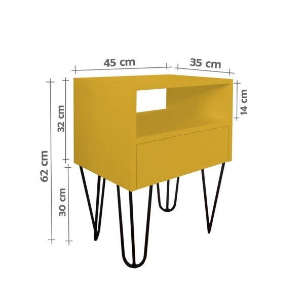 Mesa de Cabeceira Lateral Nicho com Gaveteiro Pés Hairpin Legs Estilo Industrial Amarelo Laca - 4