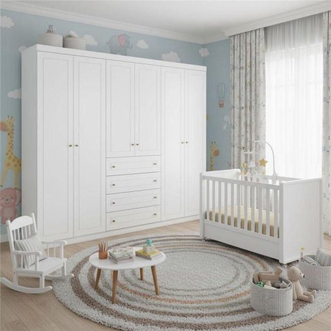 Berço Tutto New e Guarda Roupa Americano Ambiente 6 Portas Branco Fosco - Matic