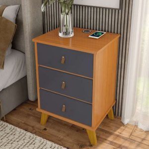 Mesa de Cabeceira Texas com 3 Gavetas Carregador sem Fio:cinamomo/onix