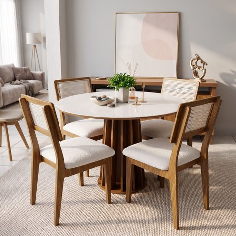 Conjunto de Jantar Mesa Redonda MDF + 4 Cadeiras Tela Palha