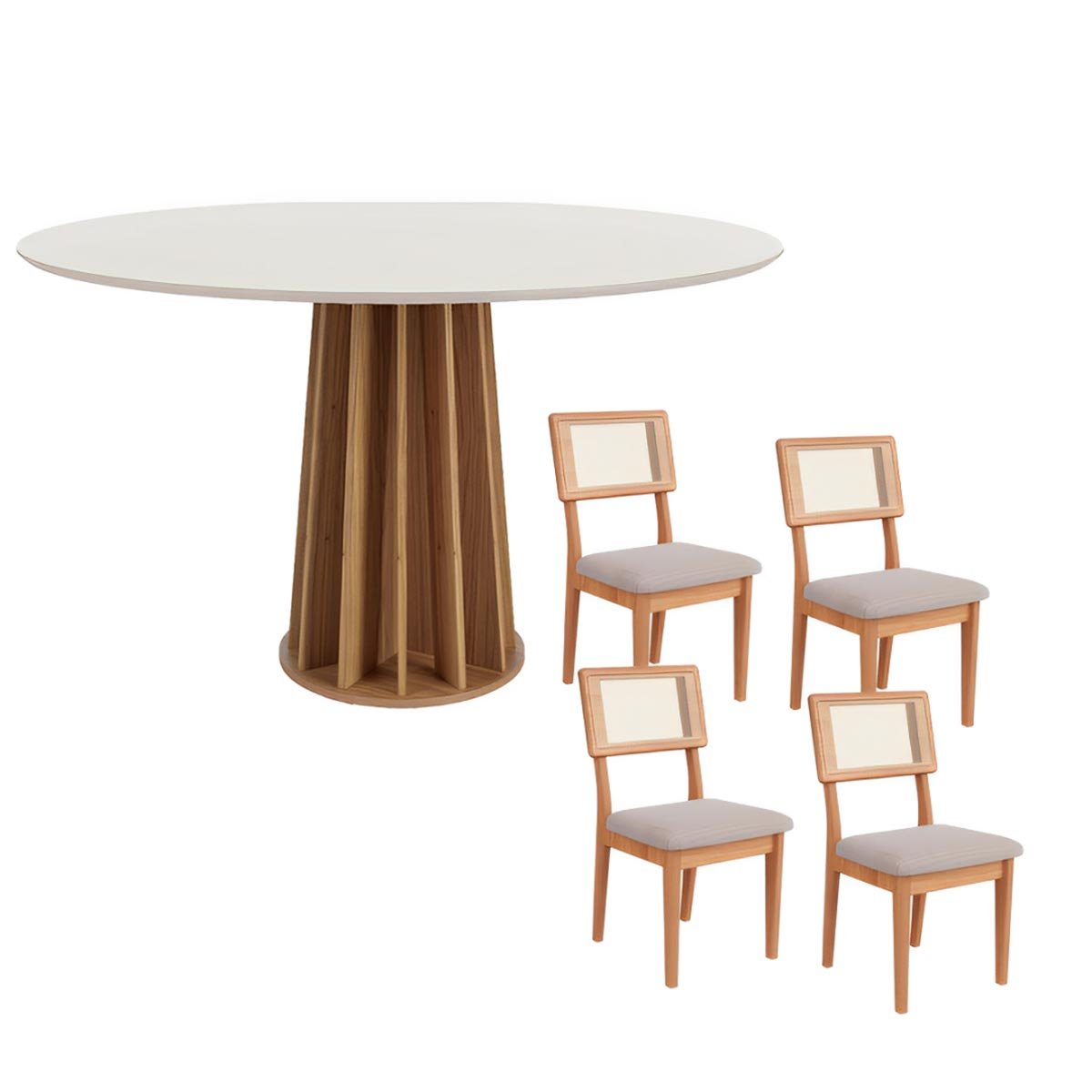 Conjunto de Jantar Mesa Redonda Mdf + 4 Cadeiras Tela Palha Cor:freijó com Off White e Bege Rú - 7