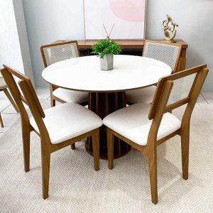 Conjunto de Jantar Mesa Redonda Mdf + 4 Cadeiras Tela Palha