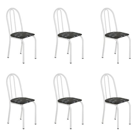 Kit 6 Cadeiras de Cozinha Califórnia Estampado Preto Florido Pés de Ferro Branco