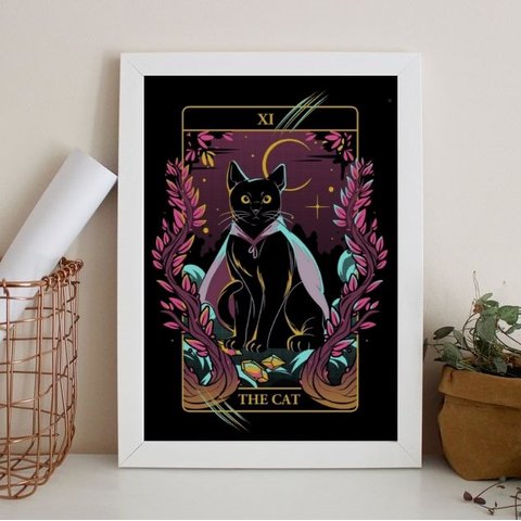 Quadro Decorativo Carta The Cat 24x18cm - com vidro:Madeira branca