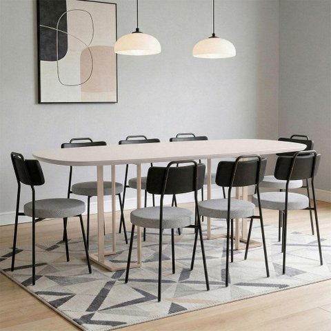 Mesa Retangular Alina 200cm Off White Champanhe com 8 Cadeiras Barcelona N01 Couríssimo Preto Linho