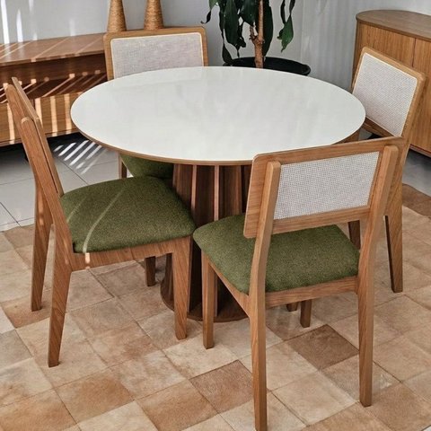 Conjunto para Sala de Jantar Mesa Redonda e 4 Cadeiras Estofadas Encosto Telado 100% MDF Bolonha Verde/Freijó/Off White