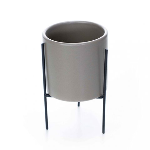Cachepot Cinza com Suporte em Metal M 13x8cm - D’Rossi
