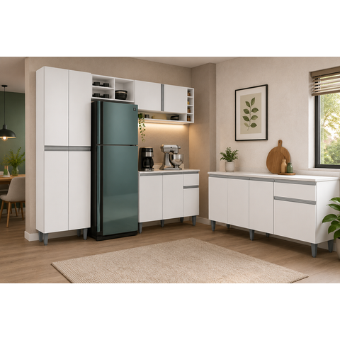 Armário de Cozinha Vanessa com Balcão Tati 150m com Tampo MDP Branco - AJL