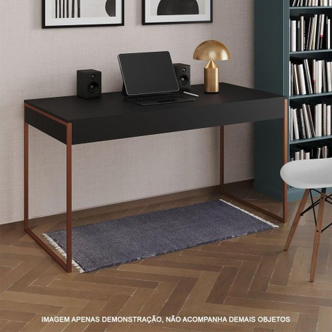 Escrivaninha Industrial Madeira Padrão Office Preta Malta com Base Cobre Marrom