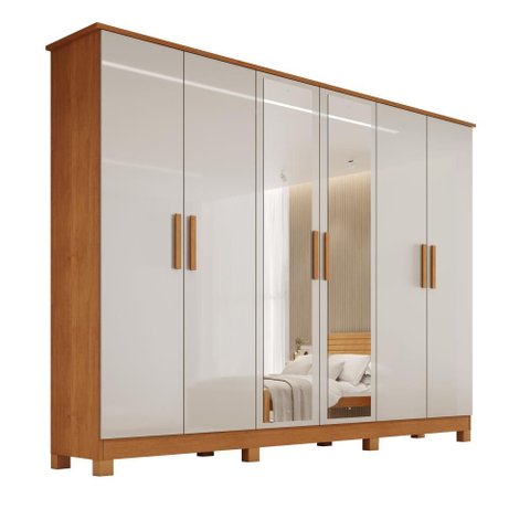 Guarda-roupa Casal 6 Portas com Espelho 4 Gavetas Nina em Mdf com Pés 200cm Naturalle/off White -