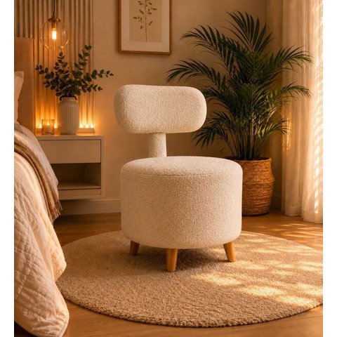 Poltrona Puff Veneza Decorativa Bouclé com Encosto Bege Claro