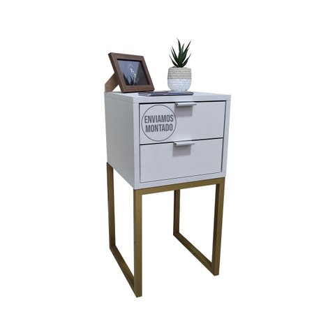 Mesa de Cabeceira Off White 30cm Eco Industrial 2 Gavetas Quarto Base Metal Dourado Puxador Prata