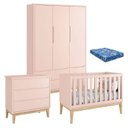 Ver imagem 1 de Quarto de Bebê Classic 3 Portas com Colchão Cômoda Gaveteiro Rosa Pés Madeira Natural - Reller