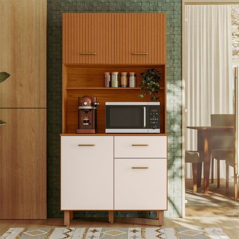 Armário de Cozinha New Izis 4 Portas 1 Gaveta Ripado 3D Freijó/Off White - Pnr Móveis