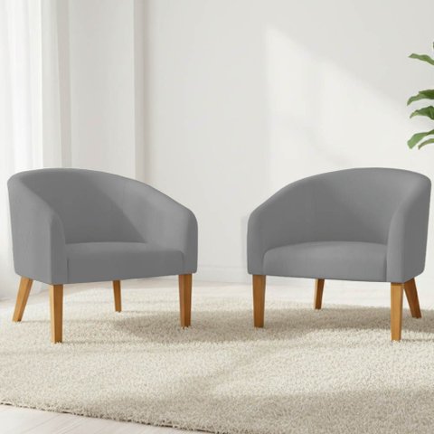 Poltrona Sala Decorativa Kit 2 Stella Pé Madeira Trapézio Castanho Sintético Cinza D03 - D’Rossi