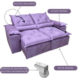 Sofa Retratil Reclinavel Tecido Veludinho Para Sala 2,30m Cor:Violeta - 2