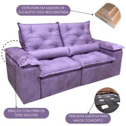 Sofa Retratil Reclinavel Tecido Veludinho Para Sala 2,30m Cor:Violeta - 3
