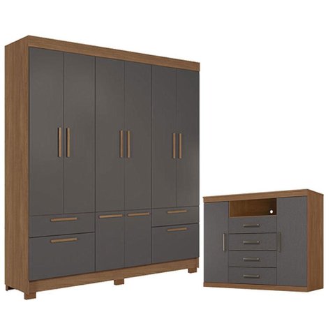Guarda Roupa Casal 8 Portas Curitiba e Cômoda Havana Master Jatobá Grafite Acetinado - Santos Andirá