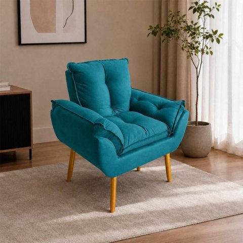 Poltrona Opala Decorativa com Pés Palito Suede Confortável Turquesa 85cm