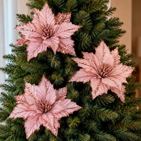 Flor Natal Artificial Rosa Decoração Enfeite 30cm Kit 6PÇS