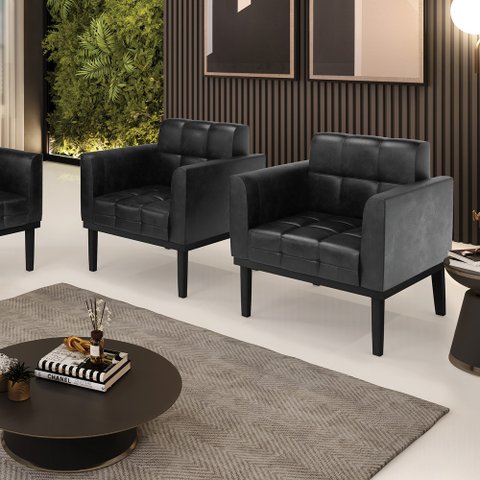 Kit 2 Poltronas Decorativas Karen Pés Fixo em Madeira Pu Preto Brilho G19 - Gran Belo