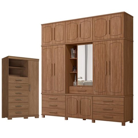 Guarda Roupa Casal Londres Capelinha e Cômoda Marabá com Pés Jatobá Acetinado - Santos Andirá