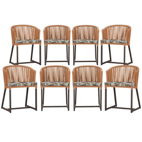 8 Cadeiras de Jantar Área Noronha em Alumínio com Pintura Marrom Corda Náutica Estofado 6 Trama Orig