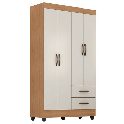 Guarda-roupa Solteiro Grande 4 Portas 2 Gavetas e 4 Prateleiras Lisa Mdp Nature/off White