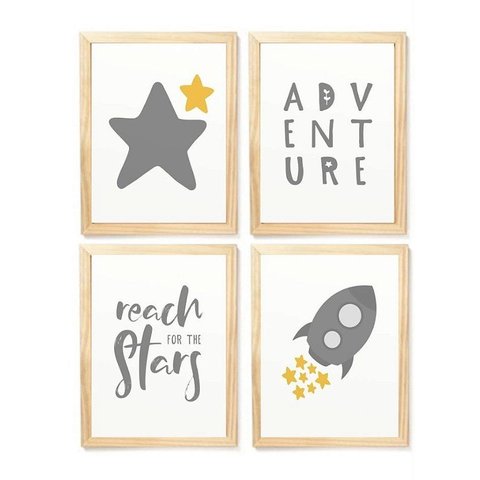 Kit Quadro Adventure Foguete Estrela Decorativo Infantil Quarto Criança Bebê Enxoval
