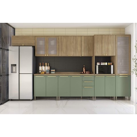 Armário de Cozinha Modulada Completa Reta 13 Peças 4,00m Botanic Kappesberg - Nogueira/verde Oliva