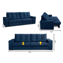 Sofá Retrátil e Reclinável 2 Lugares 1,50m com Molas Melissa Suede Azul Rover & Beato - 3