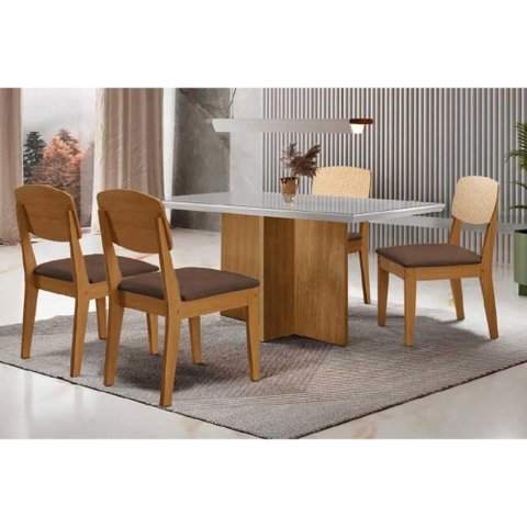 Conjunto: Mesa de Cozinha Berlim Curvo 120cm + 4 Cadeiras Havana Naturale/Off White - Suede Marrom
