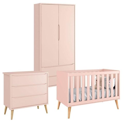 Quarto de Bebê Theo 2 Portas Rosa com Pés Madeira Natural – Reller