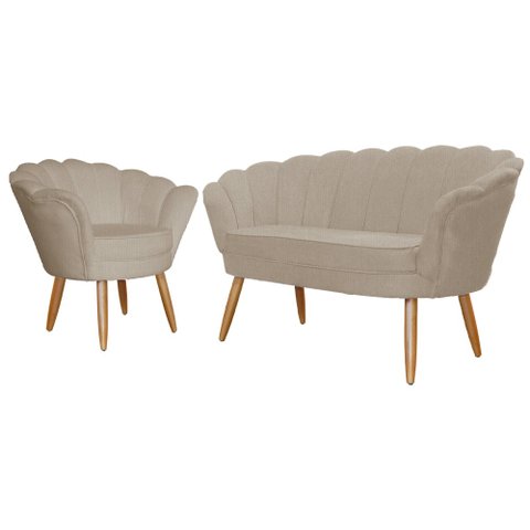 Kit Namoradeira + 1 Poltrona Decorativa Pétala Suede Capuccino Pés Madeira Ms Decor