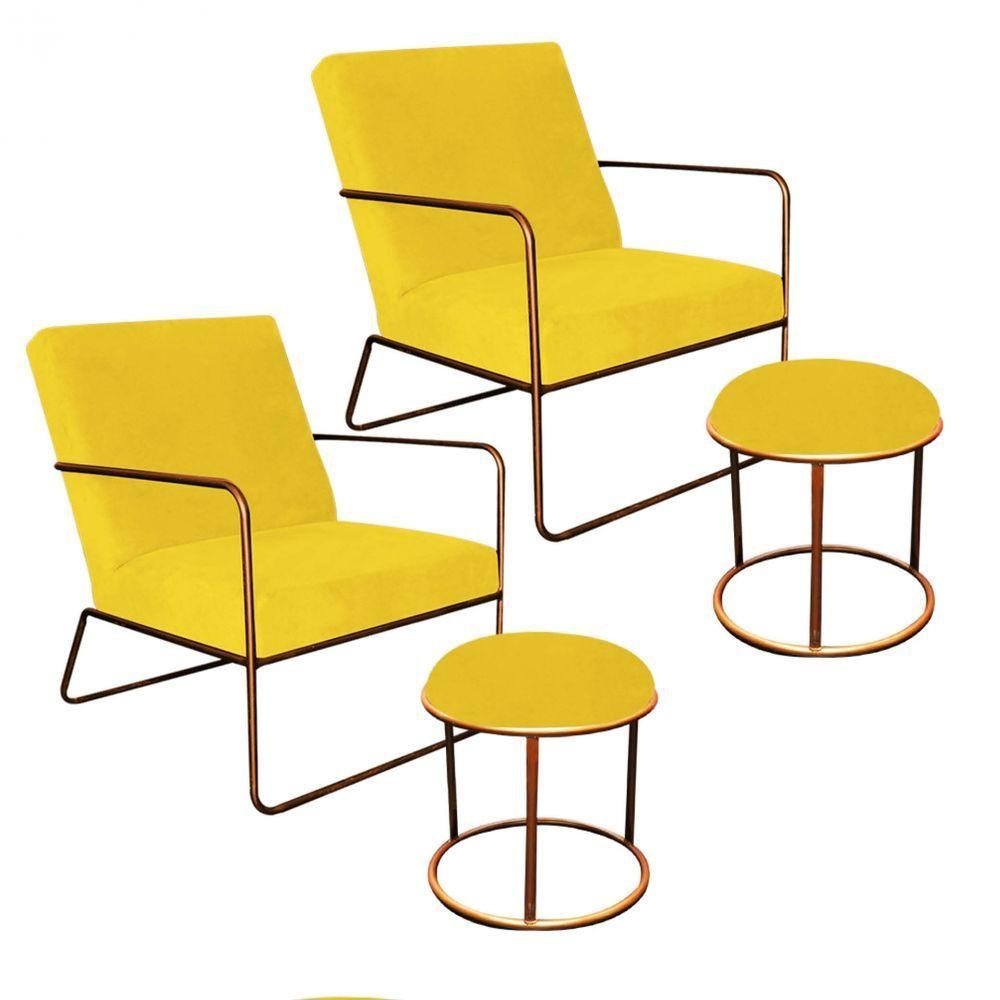 Kit 2 Poltronas e 2 Puffs Malta Suede Amarelo MadeiraMadeira