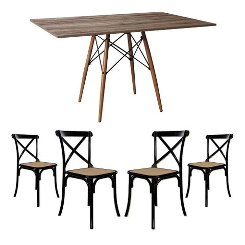 Jogo de Mesa Eiffel Retangular Tampo de Madeira 120x75cm Amêndoa com 4 Cadeiras Katrina Preto