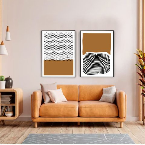 Quadro Decorativo Pontos e Linhas Minimalistas em 2 Telas com Moldura Filete
