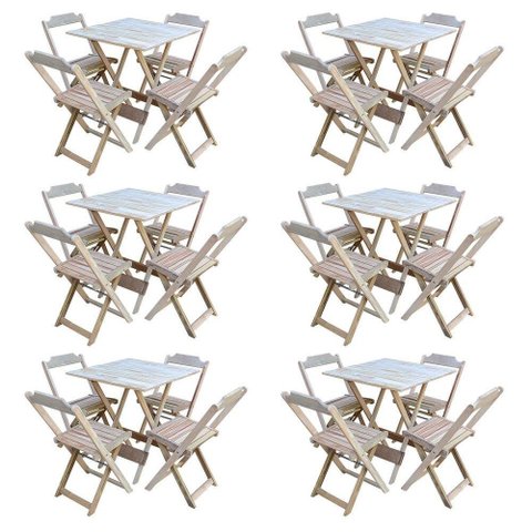Kit 6 Conjuntos De Mesa Com 4 Cadeiras De Madeira Dobravel 70X70 Sem Pintura/Crua - Marrom